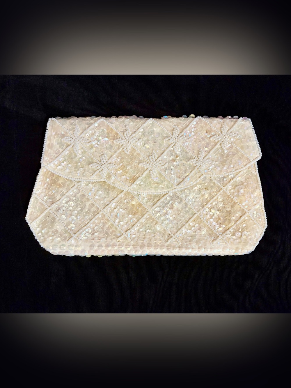 Vintage but New Le Regale Ivory Sequin & Satin Hand Beaded Evening Clutch